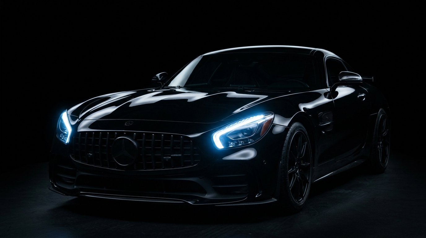 Luxury black car with glowing headlights